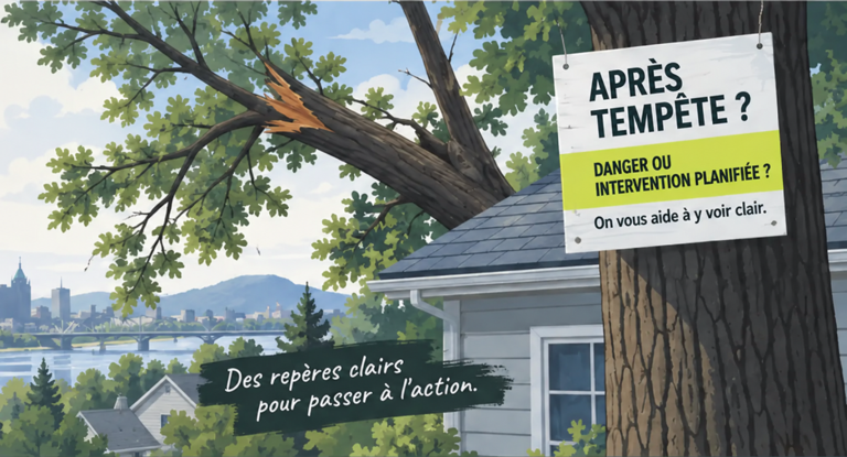 Arbre et maison avec panneau « Après tempête ? Danger ou intervention planifiée ? On vous aide à y voir clair » et texte « Des repères clairs pour passer à l’action ».